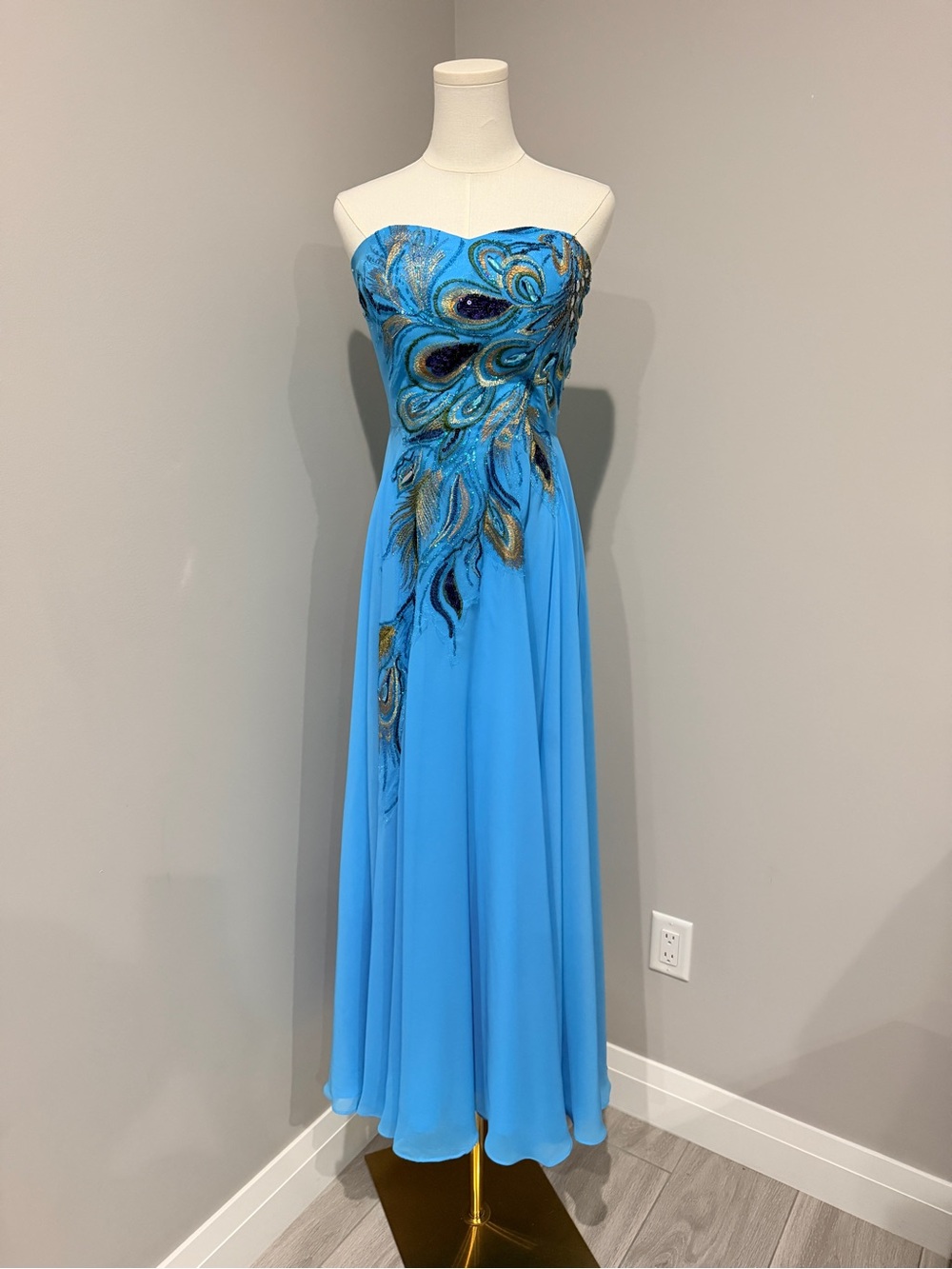 Strapless Turquoise Evening Gown with Peacock Embroidery